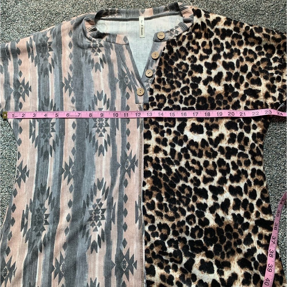 Aztec Leopard Print Color Block Rib Placket Button Front Tunic Top Buttery Soft - Picture 10 of 12